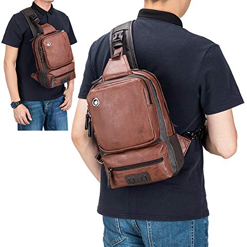 SPAHER Bolso Bandolera Hombre Mochila de Pecho Piel Cuero Bolsa Bolsos de Mochila Deportivo Bolsa Sling Crossbody Messenger Bag Daypack para Negocio Deporte Senderismo Viajes Marrón