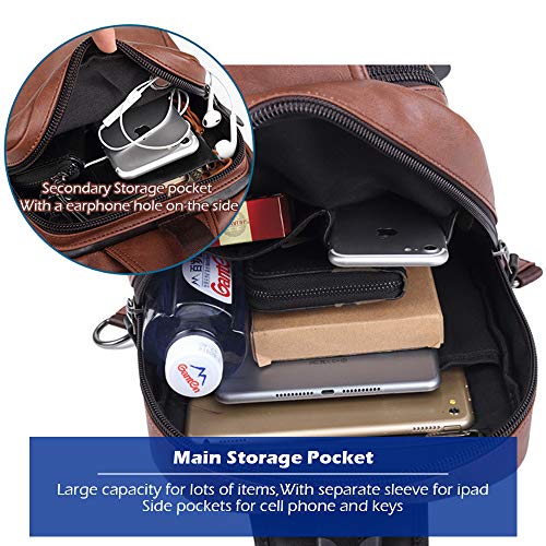 SPAHER Bolso Bandolera Hombre Mochila de Pecho Piel Cuero Bolsa Bolsos de Mochila Deportivo Bolsa Sling Crossbody Messenger Bag Daypack para Negocio Deporte Senderismo Viajes Marrón