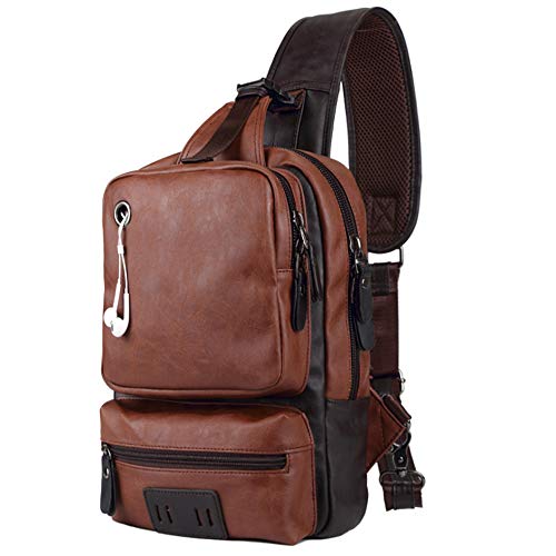 SPAHER Bolso Bandolera Hombre Mochila de Pecho Piel Cuero Bolsa Bolsos de Mochila Deportivo Bolsa Sling Crossbody Messenger Bag Daypack para Negocio Deporte Senderismo Viajes Marrón