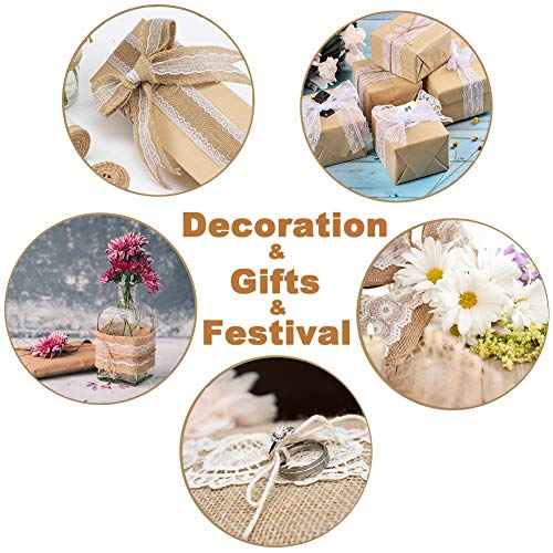 Sparta's Store 16 Rollo de cinta de arpillera de Encaje.Incluye, 12 x rollo de cinta de encaje de arpillera natural, 2 x adornos de encaje, 2 x cinta de yema!