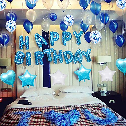 SPECOOL Globos de látex Rellenos de Confeti Azul Feliz cumpleaños Letras de Globos Papel de Aluminio Corazón Estrella con Cintas para la decoración de cumpleaños Artículos para Fiestas (Azul)