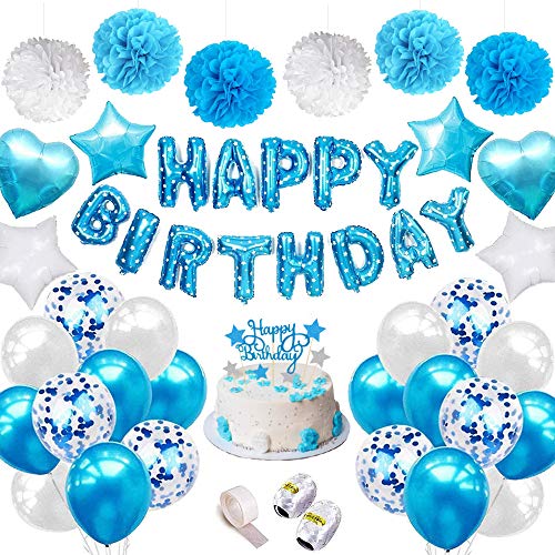 SPECOOL Globos de látex Rellenos de Confeti Azul Feliz cumpleaños Letras de Globos Papel de Aluminio Corazón Estrella con Cintas para la decoración de cumpleaños Artículos para Fiestas (Azul)