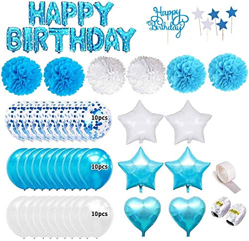 SPECOOL Globos de látex Rellenos de Confeti Azul Feliz cumpleaños Letras de Globos Papel de Aluminio Corazón Estrella con Cintas para la decoración de cumpleaños Artículos para Fiestas (Azul)