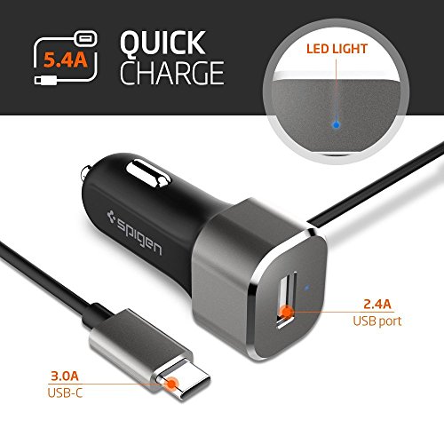 Spigen USB tipo C 27W Cargador de coche 2. 4A Puerto USB A + 3A Cable USB C incorporado 1M Mechero Cargador USB para Smartphones,Tabletas