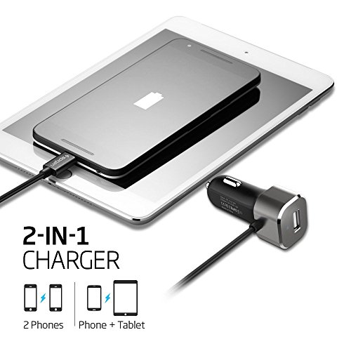 Spigen USB tipo C 27W Cargador de coche 2. 4A Puerto USB A + 3A Cable USB C incorporado 1M Mechero Cargador USB para Smartphones,Tabletas