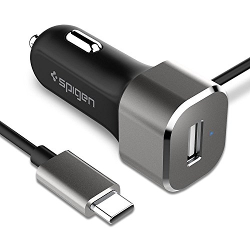 Spigen USB tipo C 27W Cargador de coche 2. 4A Puerto USB A + 3A Cable USB C incorporado 1M Mechero Cargador USB para Smartphones,Tabletas