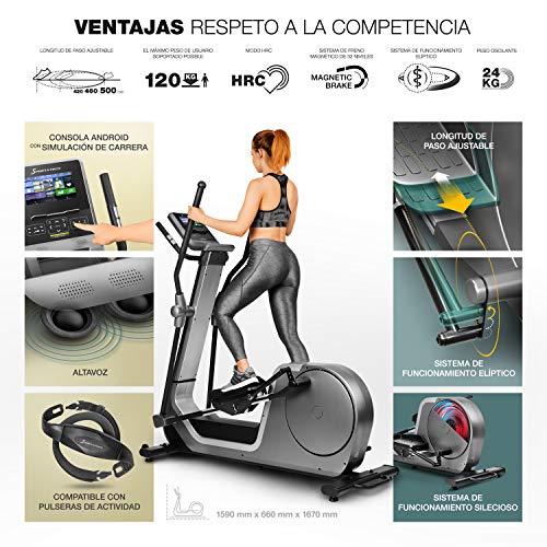 Sportstech Bicicleta elíptica LCX800, Luxus Pantalla Android Multifuncional, Volante 24Kg, App Smartphone,Bluetooth,Compatible con Pulseras de Actividad,12 programas de Entrenamiento.
