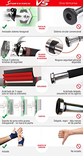 Sportstech KS200 Barra dominadas Puerta con Sistema Hexagonal Patentado. Palanca tensora de Seguridad, 6 Puntos de presión. Carga máxima 300kg. Incluye Guantes y ebook Gratis (KS200 Plata)