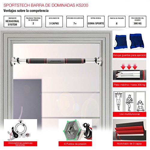 Sportstech KS200 Barra dominadas Puerta con Sistema Hexagonal Patentado. Palanca tensora de Seguridad, 6 Puntos de presión. Carga máxima 300kg. Incluye Guantes y ebook Gratis (KS200 Plata)