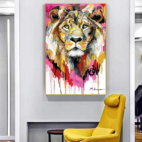 SQSHBBC Animales Abstractos Carteles e Impresiones en Lienzo Arte de la Pared Pinturas al óleo Acuarela Imagen de león para complementos de Sala Muebles para el hogar   60x90cm Sin Marco