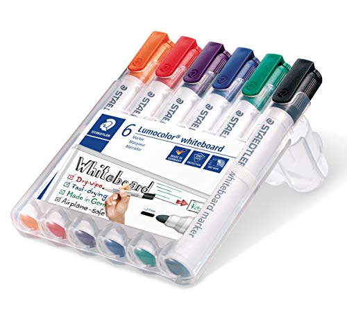 Staedtler 351 WP6 - Rotuladores para pizarra blanca Lumocolor, inodoro, secado rápido y recargable, paquete de 6 colores