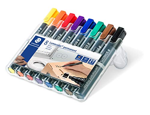 Staedtler Lumocolor 350 WP8. Rotuladores permanentes con punta biselada. Estuche con 8 marcadores de colores variados.