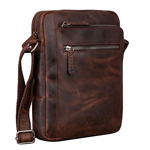 STILORD 'Bruce' Bolsos de Cuero para Hombres Bolsa Bandolera Pequeño Bolso Mensajero Caballero Hombre para iPad Tablet 9.7 Pulgadas Piel de Vaca Genuina, Color:Zamora - marrón