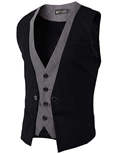 STTLZMC Hombre Chaleco de Traje Blazers Waistcoat sin Manga 2in1 Formal Boda Ceremonia,Negro,Large