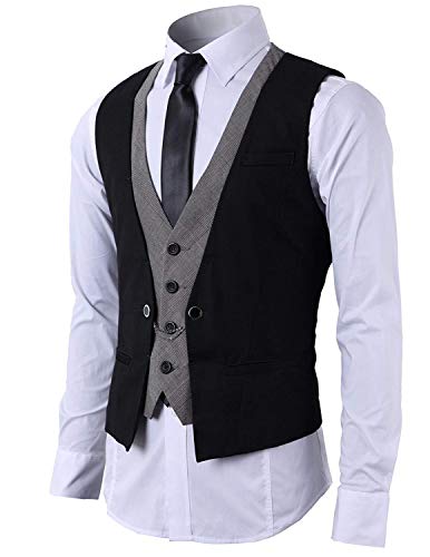 STTLZMC Hombre Chaleco de Traje Blazers Waistcoat sin Manga 2in1 Formal Boda Ceremonia,Negro,Large