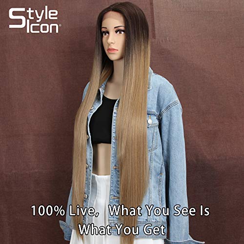 Style Icon Lace Front Wigs Pelucas De Cabello Liso Sedoso Con Frente De Encaje Súper Largo Para Mujeres Pelucas Sintéticas De Reemplazo De Cabello Suave 37”/93cm
