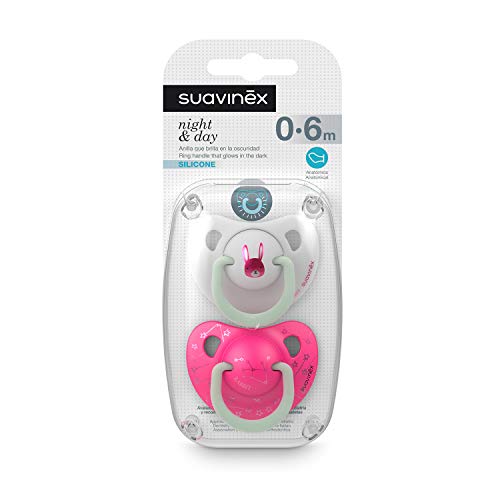 Suavinex - Pack 2 Chupetes Nocturnos para bebés 0-6 meses Con Anilla Luminiscente Tetina Anatómica de Silicona Brilla en la Oscuridad, Rosa