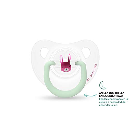 Suavinex - Pack 2 Chupetes Nocturnos para bebés 0-6 meses Con Anilla Luminiscente Tetina Anatómica de Silicona Brilla en la Oscuridad, Rosa