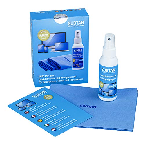 SUBTAN - Kit de desinfección y limpieza para smartphone, tablet, pantalla táctil (aerosol desinfectante y limpiador para dispositivos informáticos, 100 ml, incluye 2 paños de limpieza), iPad, iPhone