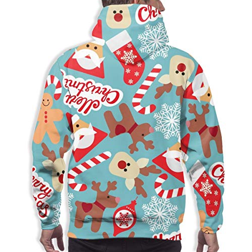 Sudadera con Capucha para Hombre Vector de Patrones sin Fisuras con Santa Claus, Caramelo, Ciervo, Sudadera de Hombre de Jengibre 3XL