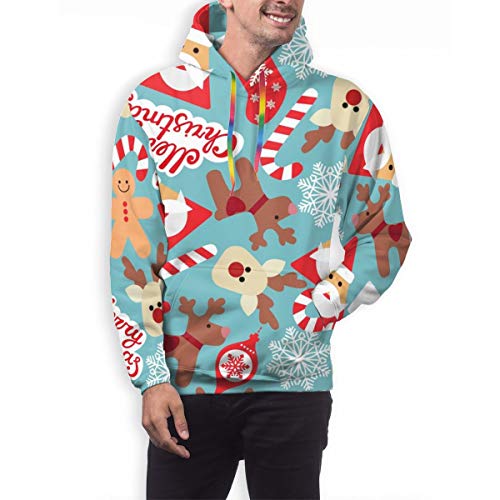 Sudadera con Capucha para Hombre Vector de Patrones sin Fisuras con Santa Claus, Caramelo, Ciervo, Sudadera de Hombre de Jengibre 3XL