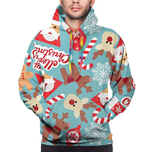 Sudadera con Capucha para Hombre Vector de Patrones sin Fisuras con Santa Claus, Caramelo, Ciervo, Sudadera de Hombre de Jengibre 3XL