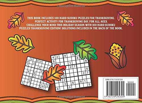 Sudoku Hard Puzzle Book: Large Print Thanksgiving On the Go Book of Hard Level Puzzles for Adults & Kids [Idioma Inglés]