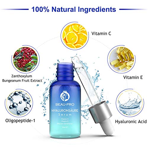 Suero de Ácido Hialurónico, la Mejor Antiedad y Antiarrugas Suero Facial Orgánico con Ácido Hialurónico Puro + Vitamina C + Vitamina E + EGF para la Cara, Humedad en la Piel, Dosis Alta, 30 ml