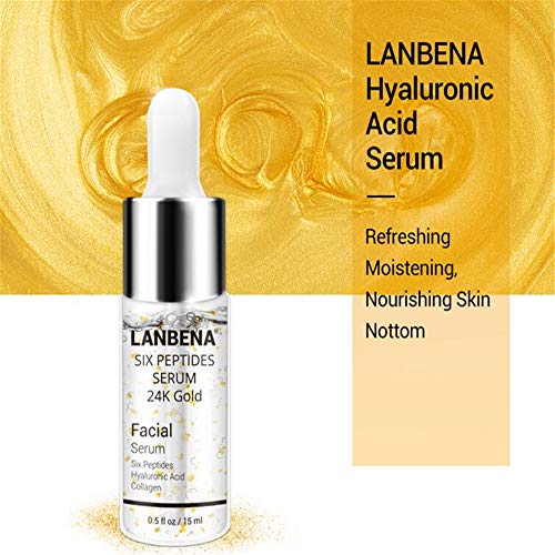Suero de vitamina C, suero de seis péptidos, oro de 24 quilates, suero de ácido hialurónico, elimina la decoloración de manchas oscuras y el envejecimiento del suero facial hidratante