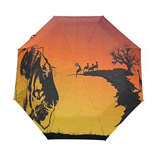SUHETI Paraguas automático de Apertura/Cierre,Composición de un Tigre de Cerca con Safari Animal Siluetas Hunter,Paraguas pequeño Plegable a Prueba de Viento, Impermeable