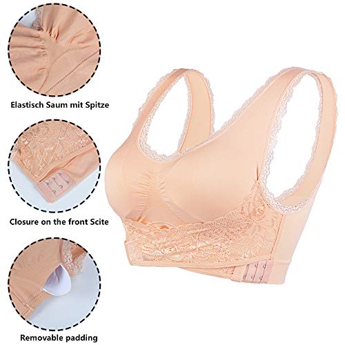 Sujetador deportivo Vertvie para mujer, sujetador de encaje fino, cierre frontal, sin aros, top para yoga, fitness, entrenamiento, elástico, de bienestar C-3*color carne XL