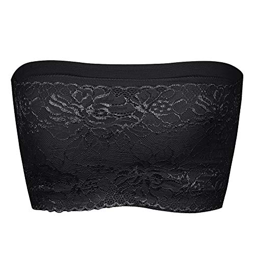 Sujetador sin Mangas con Encaje Floral Completo para Mujer Sujetador sin Tirantes Elástico Bandeau Sin Costuras Cómodo Transpirable Acolchado Extraíble Envoltura del Pecho Empuje hacia Arriba