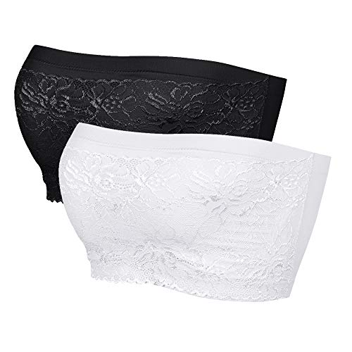 Sujetador sin Mangas con Encaje Floral Completo para Mujer Sujetador sin Tirantes Elástico Bandeau Sin Costuras Cómodo Transpirable Acolchado Extraíble Envoltura del Pecho Empuje hacia Arriba