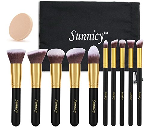 Sunnicy - Juego de brochas de maquillaje Kabuki (10 unidades) con pelo sintético, incluye estuche, color negro y amarillo