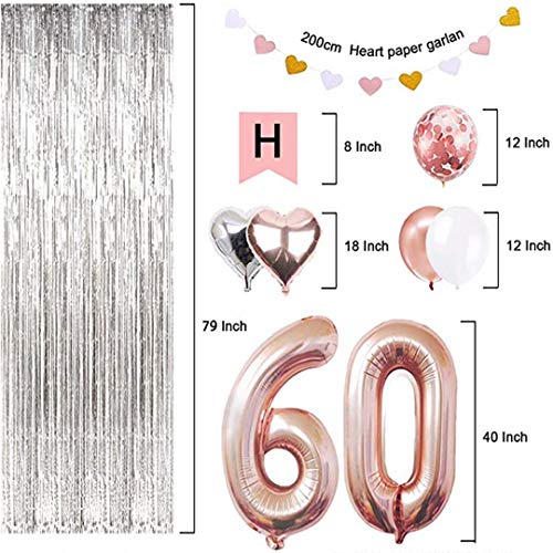 SUNPAT Decoraciones de Cumpleaños Número 60 Banner Globo Decoraciones de Cumpleaños Número 60 Artículos de Fiesta Regalos Para Mujeres Globos Número 60 de Oro Rosa, Globos de Confeti de Oro Rosa