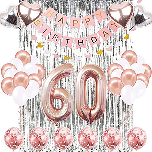 SUNPAT Decoraciones de Cumpleaños Número 60 Banner Globo Decoraciones de Cumpleaños Número 60 Artículos de Fiesta Regalos Para Mujeres Globos Número 60 de Oro Rosa, Globos de Confeti de Oro Rosa