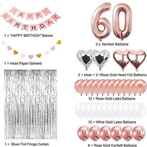 SUNPAT Decoraciones de Cumpleaños Número 60 Banner Globo Decoraciones de Cumpleaños Número 60 Artículos de Fiesta Regalos Para Mujeres Globos Número 60 de Oro Rosa, Globos de Confeti de Oro Rosa