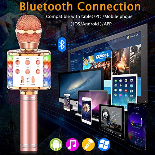 SunTop Micrófono Karaoke Bluetooth, Microfono Inalámbrico Karaoke, Portátil con Altavoz y Luces LED, Reproductor KTV doméstico con función de grabación