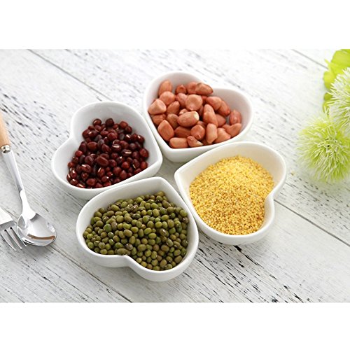 Super Cute Heart sharpe Plato de salsa de cerámica, mini plato de aderezo lateral, platos de condimentos sushi Plato de inmersión de soja, plato de porcelana Set de platillo (juego de 4)