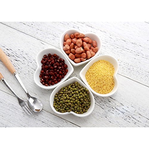 Super Cute Heart sharpe Plato de salsa de cerámica, mini plato de aderezo lateral, platos de condimentos sushi Plato de inmersión de soja, plato de porcelana Set de platillo (juego de 4)