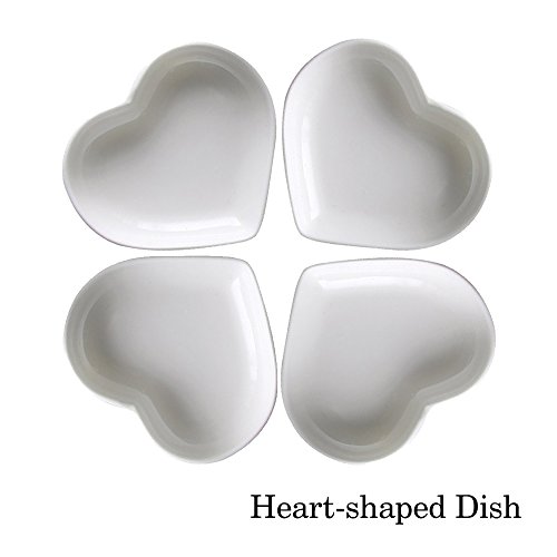 Super Cute Heart sharpe Plato de salsa de cerámica, mini plato de aderezo lateral, platos de condimentos sushi Plato de inmersión de soja, plato de porcelana Set de platillo (juego de 4)