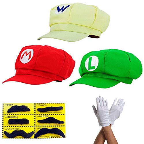 Super Mario Gorra Luigi Wario - Conjunto de Disfraces para Adultos y niños + 3X Guantes y 6X Barba pegajosa Carnival & Cosplay - Classic Cappy Cap