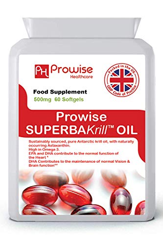Superba Krill Oil 500 mg 60 cápsulas blandas - 1000 mg por porción - Krill rojo puro de origen antártico de alto grado que proporciona una rica fuente de omega - Fabricado en el Reino Unido | Estándares GMP de Prowise Healthcare