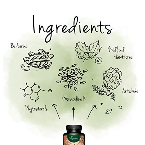 Suplemento Colesterol Vegavero® | 100% VEGETAL | Red Yeast Rice + 10 mg Monacolina K + Fitoesteroles + Berberine + Hawthorne (Crataegus) + Cynara Scolymus | 180 Cápsulas | Triglicéridos | Hígado