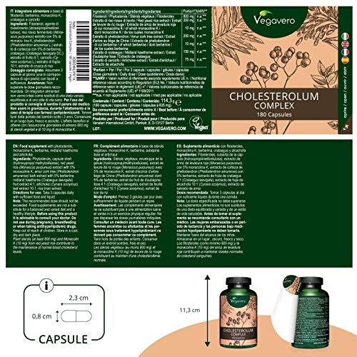 Suplemento Colesterol Vegavero® | 100% VEGETAL | Red Yeast Rice + 10 mg Monacolina K + Fitoesteroles + Berberine + Hawthorne (Crataegus) + Cynara Scolymus | 180 Cápsulas | Triglicéridos | Hígado