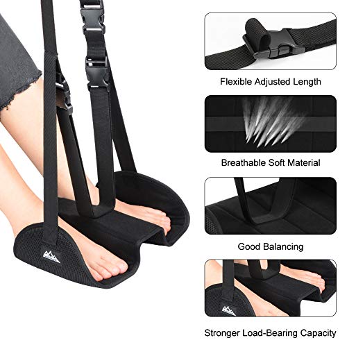 supregear Hamacas de Reposapiés, Empaquetado Separado Foot Hammock Airplane Reposapiés Accesorio para Avión Oficina Hogar Viaje Mujer Hombre, Altura Ajustable y Cómoda - Negro