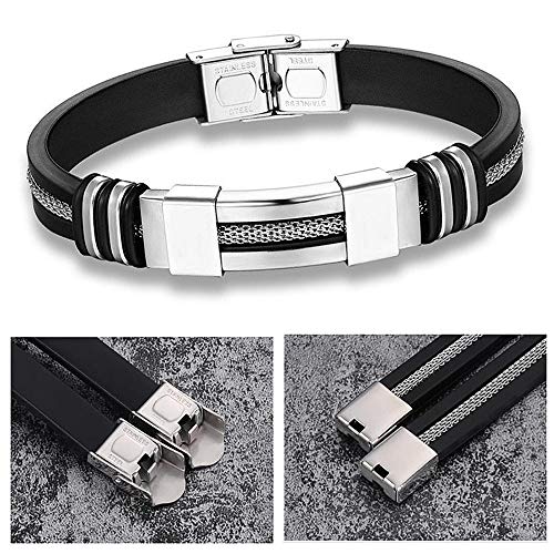 Suyi Pulsera Ajustable De Los Hombres Pulsera De Silicona Brazalete De Acero Inoxidable Silver