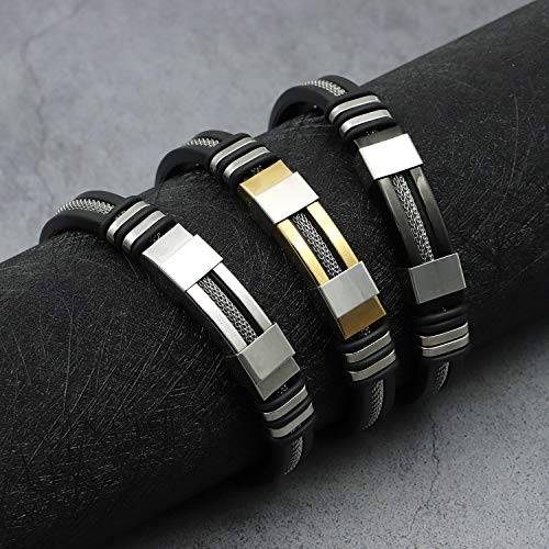 Suyi Pulsera Ajustable De Los Hombres Pulsera De Silicona Brazalete De Acero Inoxidable Silver