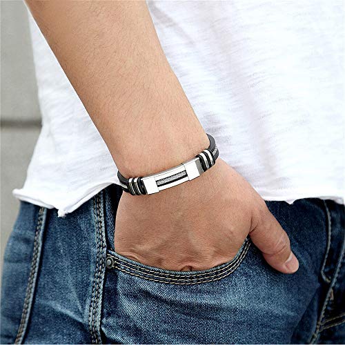 Suyi Pulsera Ajustable De Los Hombres Pulsera De Silicona Brazalete De Acero Inoxidable Silver