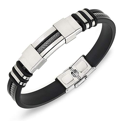 Suyi Pulsera Ajustable De Los Hombres Pulsera De Silicona Brazalete De Acero Inoxidable Silver